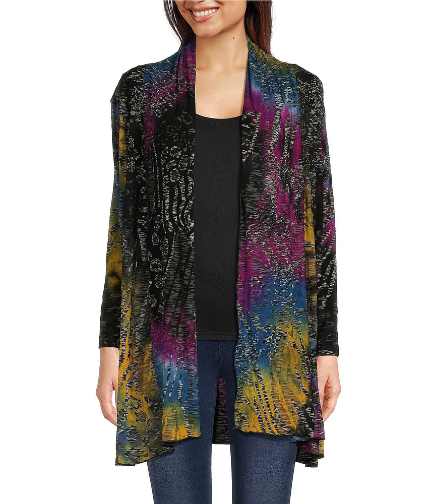 Calessa Stretch Burnout Tie Dye Knit Long Sleeve Cardigan