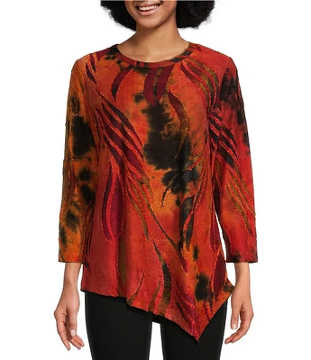 Calessa Stretch Burnout Tie Dye Round Neck 3/4 Sleeve Blouse