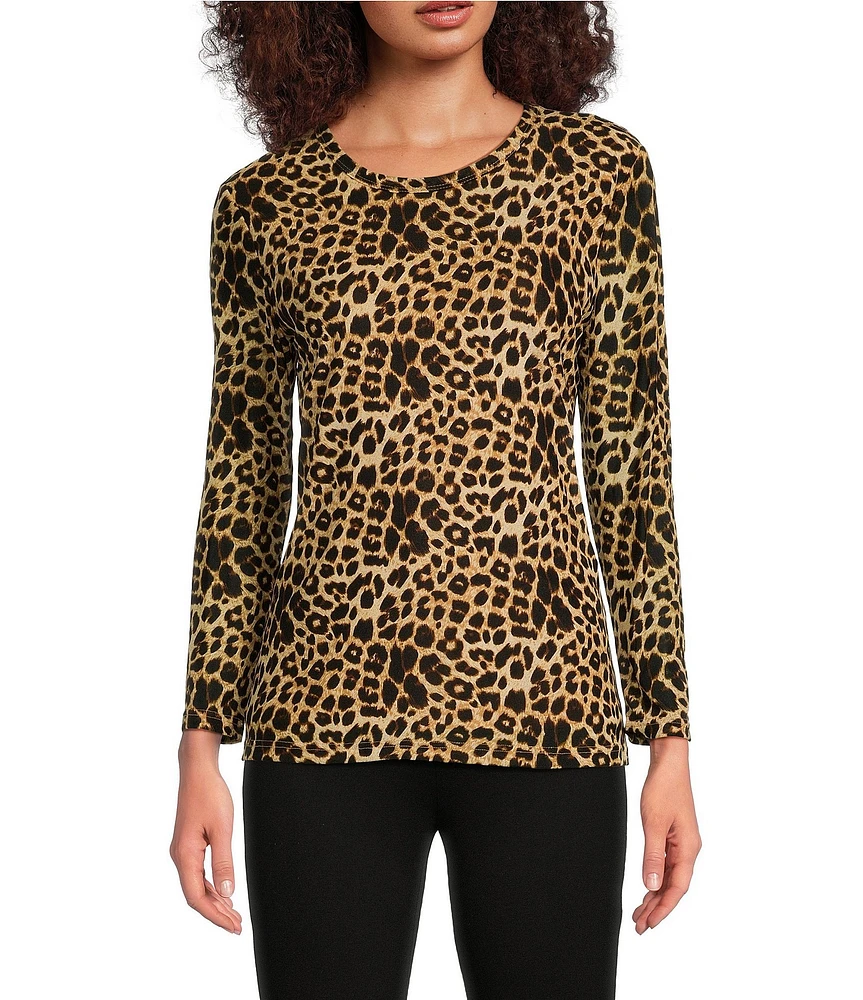 Calessa Stretch Cheetah Print Mesh Crew Neckline Long Sleeve Top