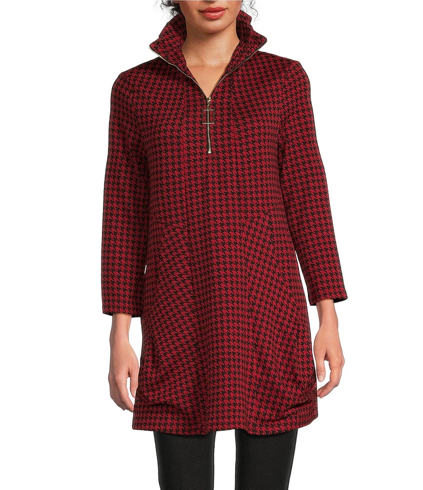 Calessa Stretch Knit Houndstooth Collar 3/4 Sleeve 1/4 Zip Tunic