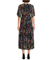 Calessa Stretch Mesh Abstract Multi Print V-Neck Short Flutter Sleeve Tiered Hem Midi Dress