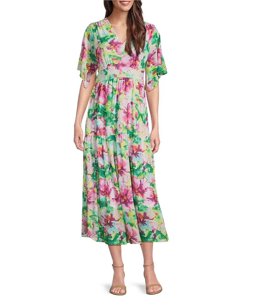Calessa Stretch Mesh Abstract New Floral Print V-Neck Short Sleeve Empire Waist Tiered Dress