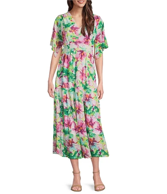 Calessa Stretch Mesh Abstract New Floral Print V-Neck Short Sleeve Empire Waist Tiered Dress