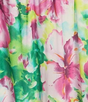 Calessa Stretch Mesh Abstract New Floral Print V-Neck Short Sleeve Empire Waist Tiered Dress