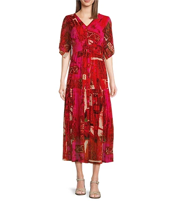 Calessa Stretch Mesh Abstract Printed V-Neck Short Flutter Sleeve Tiered Hem Midi Dress