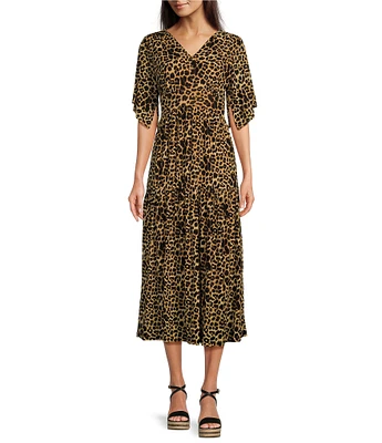 Calessa Stretch Mesh Cheetah Print V-Neck Short Sleeve Tiered A-Line Dress