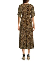 Calessa Stretch Mesh Cheetah Print V-Neck Short Sleeve Tiered A-Line Dress