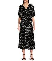 Calessa Stretch Mesh Polka Dot Print V-Neck Short Flutter Sleeve Tiered Hem Long Dress