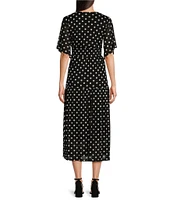 Calessa Stretch Mesh Polka Dot Print V-Neck Short Flutter Sleeve Tiered Hem Long Dress