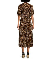 Calessa Stretch Mesh Tiger Print V-Neck Short Flutter Sleeve Tiered Hem Long Dress