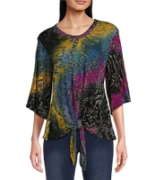 Calessa Stretch Space Tie Dye V Neckline 3/4 Sleeve Knit Top