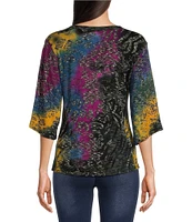 Calessa Stretch Space Tie Dye V Neckline 3/4 Sleeve Knit Top