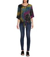 Calessa Stretch Space Tie Dye V Neckline 3/4 Sleeve Knit Top