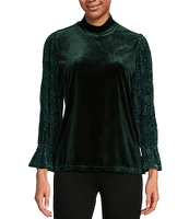 Calessa Stretch Velvet Burnout Mock Neck Long Sleeve Top