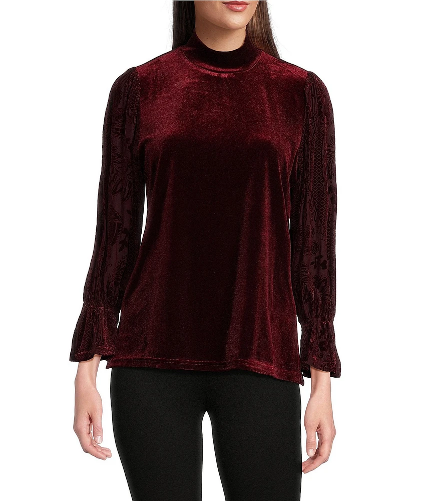 Calessa Stretch Velvet Burnout Mock Neck Long Sleeve Top