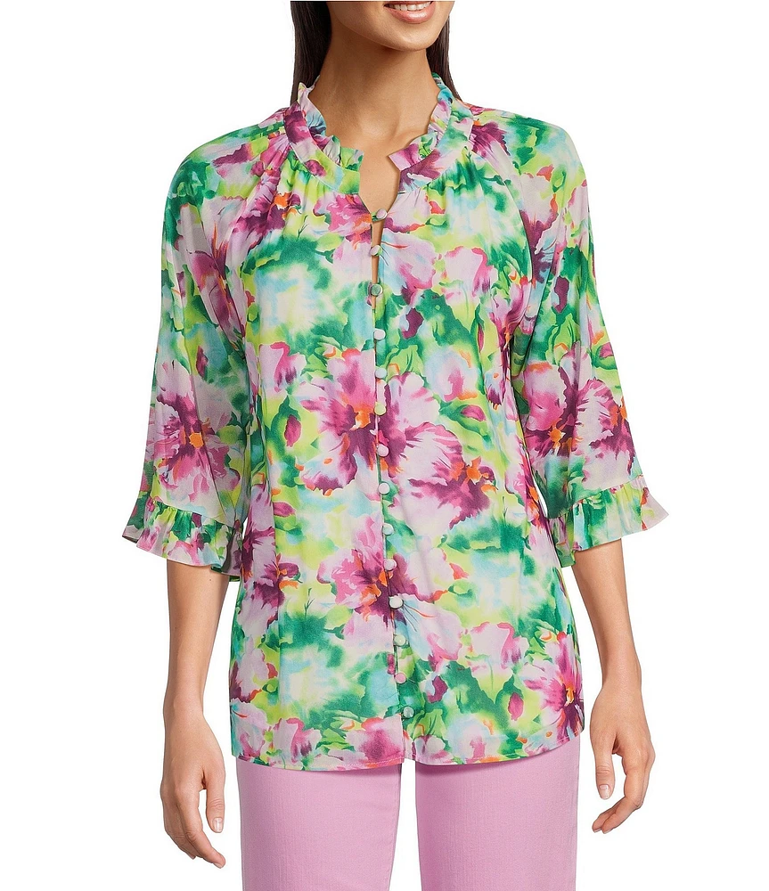 Calessa Summer Floral V-Neck Banded Collar Elbow Sleeve Top