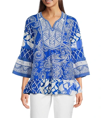 Calessa Summer Paisley Split V-Neck Embroidered Tunic