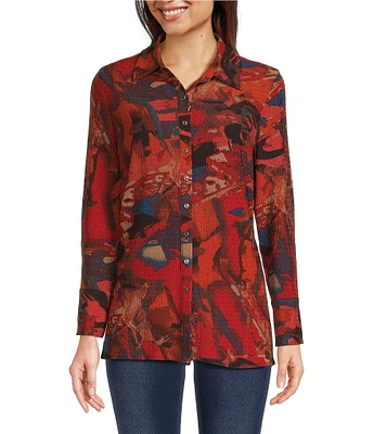 Calessa Textured Crinkle Abstract Print Point Collar Long Sleeve Button Front Blouse