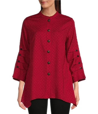 Calessa Textured Crinkle Banded Collar 3/4 Button Sleeve Tunic Top