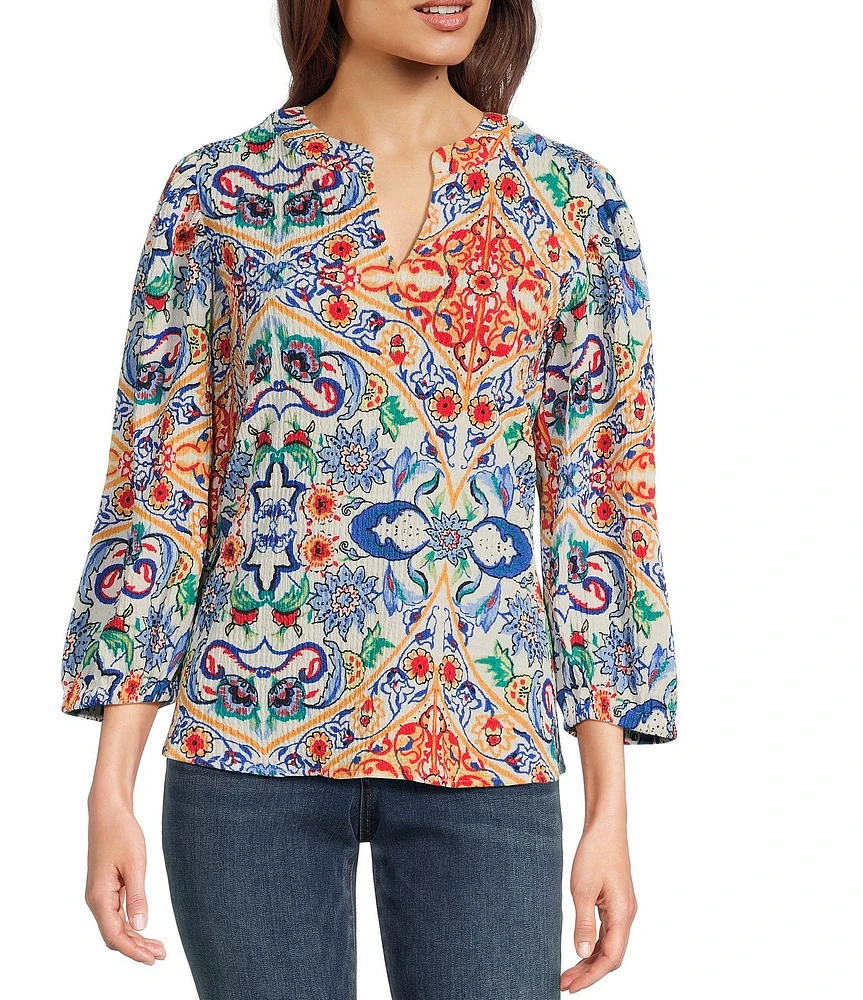 Calessa Textured Crinkle Knit Florentine Mosaic Print Banded Split V-Neck Long Balloon Sleeve Tunic