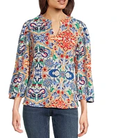 Calessa Textured Crinkle Knit Florentine Mosaic Print Banded Split V-Neck Long Balloon Sleeve Tunic
