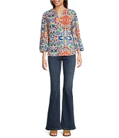 Calessa Textured Crinkle Knit Florentine Mosaic Print Banded Split V-Neck Long Balloon Sleeve Tunic
