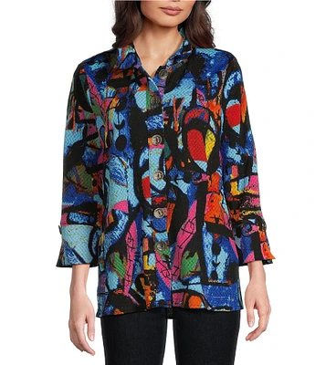 Calessa Textured Crinkle Modern Abstract Print Stand Collar 3/4 Sleeve Button-Front Tunic