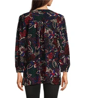 Calessa Textured Knit Floral Round Banded Neck Long Sleeve Button-Front Blouse