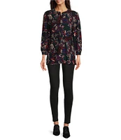 Calessa Textured Knit Floral Round Banded Neck Long Sleeve Button-Front Blouse