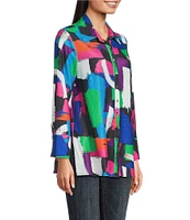 Calessa Textured Knit Geometric Multicolor Point Collar Long Sleeve Button Front Tunic