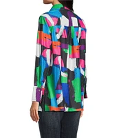 Calessa Textured Knit Geometric Multicolor Point Collar Long Sleeve Button Front Tunic