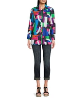 Calessa Textured Knit Geometric Multicolor Point Collar Long Sleeve Button Front Tunic