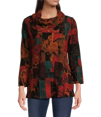 Calessa Textured Knit Printed Cowl Neck Long Sleeve Tunic