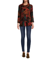 Calessa Textured Knit Printed Cowl Neck Long Sleeve Tunic