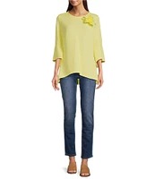 Calessa Textured Pucker Knit Crew Neck 3/4 Flare Sleeve Top