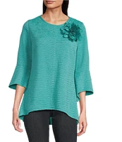 Calessa Textured Pucker Knit Crew Neck 3/4 Flare Sleeve Top