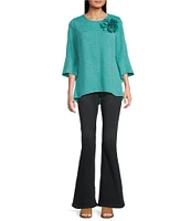 Calessa Textured Pucker Knit Crew Neck 3/4 Flare Sleeve Top