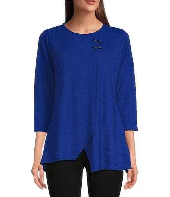 Calessa Textured Puckered Knit Crew Neck 3/4 Sleeve Asymmetrical Tunic