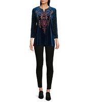 Calessa Velvet Embroidered Split Round Neck 3/4 Sleeve Tunic