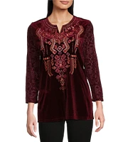 Calessa Velvet Embroidered Split Round Neck 3/4 Sleeve Tunic