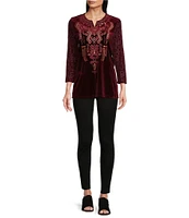 Calessa Velvet Embroidered Split Round Neck 3/4 Sleeve Tunic