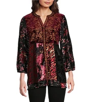 Calessa Velvet Tiered Patchwork Split V-Neck 3/4 Sleeve Top