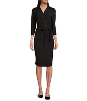 Calvin Klein 3/4 Sleeve Collared Neck Tie Waist Midi Dress