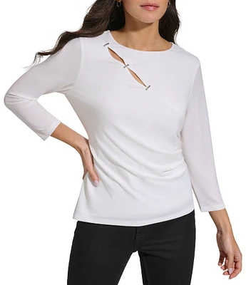 Calvin Klein 3/4 Sleeve Staple Hardware Cut Out Top