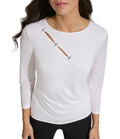 Calvin Klein 3/4 Sleeve Staple Hardware Cut Out Top