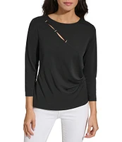 Calvin Klein 3/4 Sleeve Staple Hardware Cut Out Top