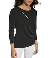 Calvin Klein 3/4 Sleeve Staple Hardware Cut Out Top