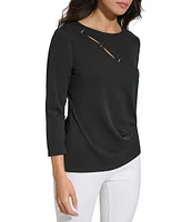 Calvin Klein 3/4 Sleeve Staple Hardware Cut Out Top