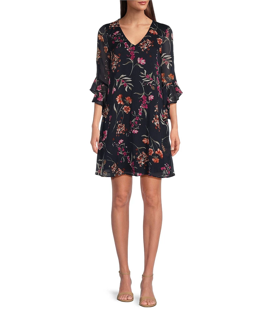 Calvin Klein 3/4 Sleeve V-Neck Floral Chiffon Shift Dress