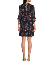 Calvin Klein 3/4 Sleeve V-Neck Floral Chiffon Shift Dress